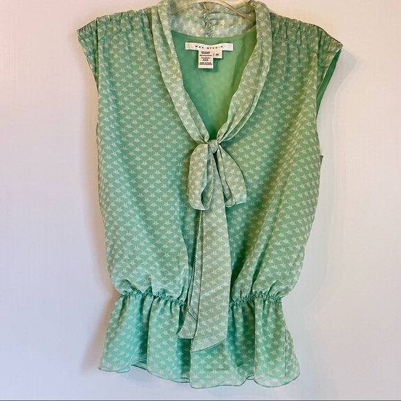Women’s Mint Green Peplum Blouse M Bow Tie Neck Top Sleeveless Business Casual - Picture 1 of 3